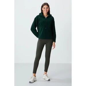 Tommy Life Çam Yeşili Kalın Yumuşak Dokulu Kapüşonlu Oversize Nakışlı Polar Kadın Sweatshirt -97286