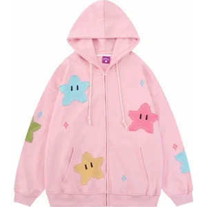 Kids Face Özel Tasarım Kapüşonlu Tam Fermuarlı Renkli Yıldızlar Baskılı Kışlık Kız Çocuk Sweatshırt