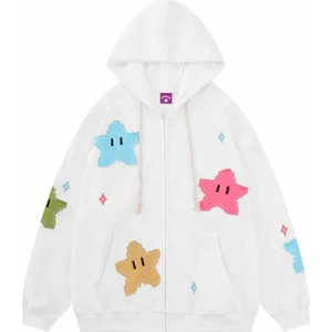 Kids Face Özel Tasarım Kapüşonlu Tam Fermuarlı Renkli Yıldızlar Baskılı Kışlık Kız Çocuk Şık Sweatshırt