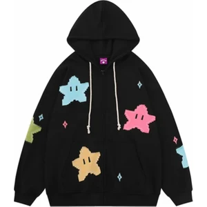 Kids Face Özel Tasarım Kapüşonlu Tam Fermuarlı Renkli Yıldızlar Baskılı Kışlık Kız Çocuk Sweatshırt