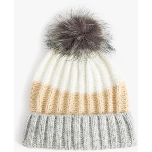 Örgü Bere Ponponlu Renk Bloklu Katlama Detaylı