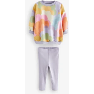 Çiçek Desenli Kışlık Pamuklu Sweatshirt Tayt Alt-Üst Takım Kız Çocuk