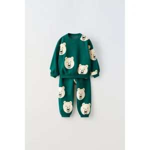 Hyavancık Yeşil Desenli Kışlık Pamuklu Sweatshirt Eşofman Alt-Üst Takım Unisex Çocuk