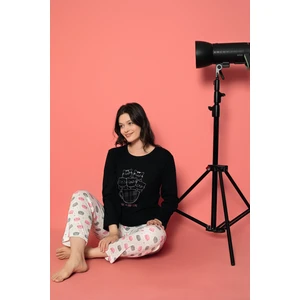 Sude Homewear Kadın Siyah Renk Kedi Desenli Uzun Kol Mevsimlik Pijama Takımı