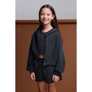 (Kids Girl) Fermuarlı Kapüşonlu Kanguru Cep Sweatshirt