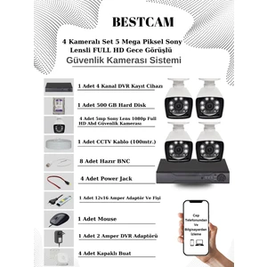 4 Kameralı Set 5 Mega Piksel Sony Lensli Full Hd Gece Görüşlü Güvenlik Kamera Seti 500 GB Hard Disk