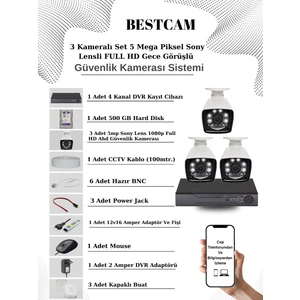 3 Kameralı Set 5 Mega Piksel Sony Lensli Full Hd Gece Görüşlü Güvenlik Kamera Seti 500 GB Hard Disk
