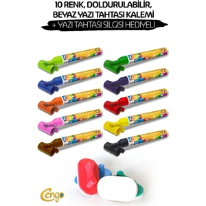 10 Renk , Doldurulabilir Beyaz Yazı Tahtası Kalemi + Tahta Silgisi