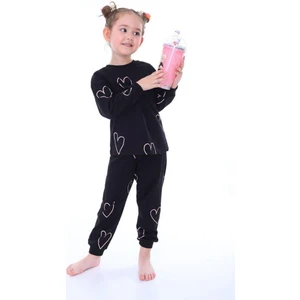 Minik Dolap %100 Pamuk Kalp Desenli Siyah Kız Çocuk Pijama Takımı