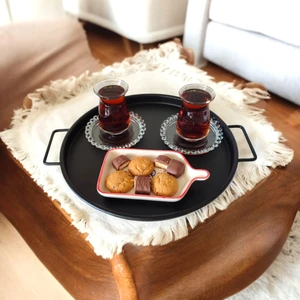 Ece Ev Modası Tepsi Metal Kulplu Çay Tepsisi Kahve Tepsisi Sunum Kahvaltı Tepsisi-30 cm