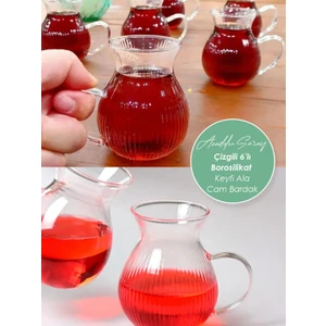 Vetrilex Home 6'lı Çizgili Keyfi Ala Borosilikat Cam Kulplu Çay Bardağı Ateşe Temas Edebilen Çay Bardağı 200 ml