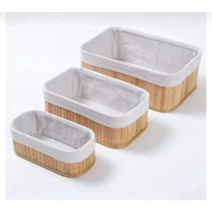 3'lü Bambu Çok Amaçlı Sepet MDF Tabanlı Keten İç Örtü ile 30x22x12 cm Boyutlarında