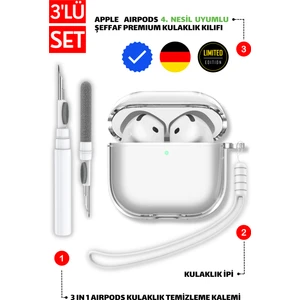 4. Nesil Uyumlu Şeffaf Premium Kulaklık Kılıfı, Kulaklık Ipi ve 3'ü 1 Arada Temizleme Kalemi Seti