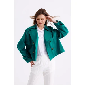 %100 Pamuk Gabardin Astarlı Oversize Geniş Kalıp Kadın Crop Kısa Trençkot 1122