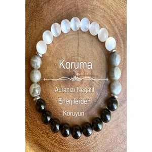 Sertifikalı   Doğal Taş Kötü Enerjilerden Koruma Bilekliği 8 mm ( Selenit - Oniks - Labradorit )
