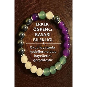 Sertifikalı   Doğal Taş Erkek Öğrenci Başarı Bilekliği 8 mm ( Hematit - Ametist - Aventurin - Ay Taşı )