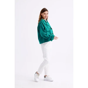 %100 Pamuk Gabardin Astarlı Oversize Geniş Kalıp Kadın Crop Kısa Trençkot 1122