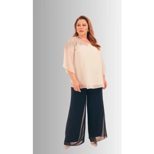 Lilas Xxl Büyük Beden Bej Renkli Şifon V Yaka Abiye Bluz