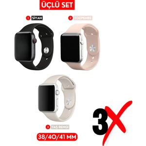 Üçlü Set | Apple Watch 3 4 5 6 7 8 9 Se 38-40-41 mm ve Series 10 (42 Mm) Uyumlu Silikon Kordon Seti