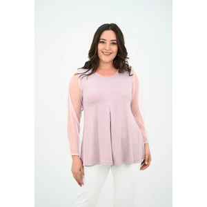 Koza Butik Kadın Büyük Beden Pileli V Yaka Tül Detaylı Bluz 1857-25