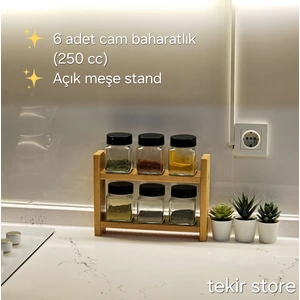 Tekir Store 6'lı Ahşap Baharatlık Standlı 6 Adet Cam Çift Taraflı Açılır Kapaklı Kavanoz 1. Sınıf Extra Çam