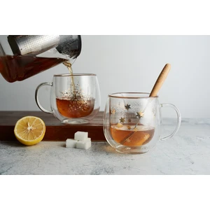 Linan Ware 2 'li Çift Cidarlı Cam Bardak Hediyelik Kupa, 300 ml
