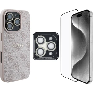 iPhone 16 Pro Guess Orjinal Lisanslı Kılıf + Ekran Koruyucu + Lens Koruyucu 3in1 Aksesuar Seti Pembe