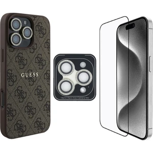 iPhone 16 Pro Guess Lisanslı 3in1 Aksesuar Seti Kılıf + Ekran ve Lens Koruyucu Kahverengi