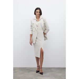 Simli Midi Boy Tüvit Etek - Bej