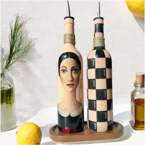 Mes Reves Design Kadın Tasarımlı 750 ml Zeytinyağı Sıvıyağ Şişesi Yağdanlık Yağlık Sirkelik Sosluk 2'li Set