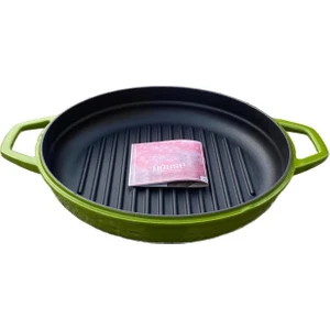 28 cm Yuvarlak Demir Döküm Grill Tava Çift Kulplu Yeşil