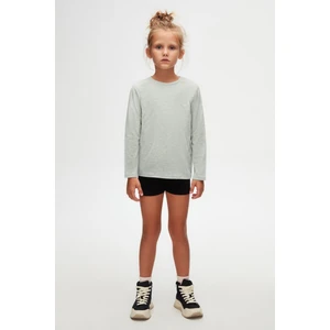 Açık Yeşil Melanj Basic Unisex Çocuk Mevsimlik Sıfır Yaka Uzun Kollu Tişört