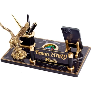 İsimlik Sepeti Side Kartal Biblolu Ofis Masaüstü Isimlik Seti Mermer Desenli Ahşap Masa Isimliği