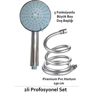 Plodna House 5 Fonksiyonlu Büyük Boy Duş Başlığı & Pvc Süper Sağlam 150 cm Hortum Duş Seti