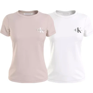 Kadın 2'li Monologo Slım Tee T-Shirt-Pudra-Beyaz