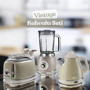 Vintage Kahvaltı Seti Su Isıtıcı Kettle + Smoothie Cam Blender + Ekmek Kızartma Makinesi Seti Bej