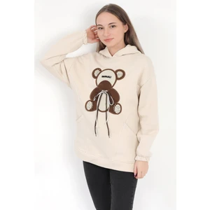 Kadın Taş Garnili Ayıcık Nakışlı 3 İplik Şardonlu Cepli Kapüşonlu Sweatshirt - 2551