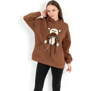 Kadın Kahverengi Garnili Ayıcık Nakışlı 3 İplik Şardonlu Cepli Kapüşonlu Sweatshirt - 2551