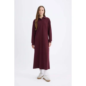 Regular Fit Düğmeli Gömlek Yaka Basic Düz Uzun Kollu Selanik Kumaş Triko Elbise B7260AX24WN