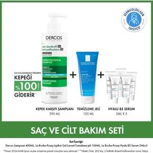 Saç ve Cilt Bakım Seti: Dercos Normal ve Yağlı Saçlar için Kepek Karşıtı Şampuan& Lipikar Temizleme Jeli& Hyalu B5 Serum