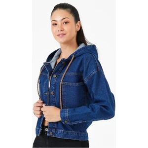 7004-KPS Kadın Kapüşonlu Düğmeli Jeans Denim Kot Ceket