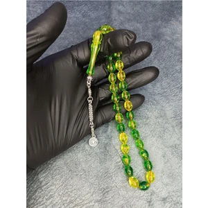 Mos Tespih Hareli Yeşil Arpa Kesim Toz Kehribar Tesbih