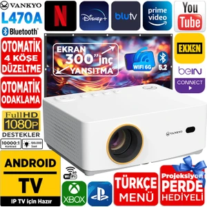 Leisure L470A Android Tv 1080P Destekli Projeksiyon Cihazı +Auto Focus+Auto Keystone+6g Wifi+5.2 BLUETOOTH+300 Inç Yansıtma+Hifi Premium Ses Sistemi Beyaz Ps5/xbox/hdmı