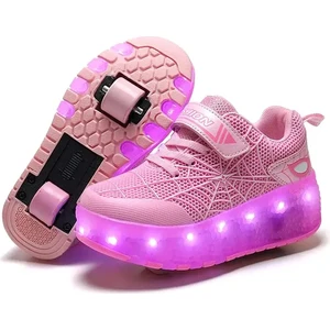 Erkek Kız LED USB Şarj Edilebilir Tekerlek Ayakkabı Işık Up Sneakers (Yurt Dışından)