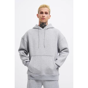 Erkek Oversize Basic Kapüşonlu Sweatshirt Gray Melange