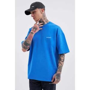 Unisex Luxury Basic Yıkamalı Oversize Mavi Spotted Tişört