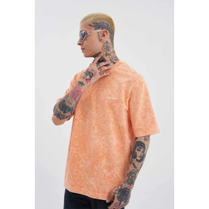 Unisex Luxury Basic Yıkamalı Oversize Turuncu Spotted Tişört