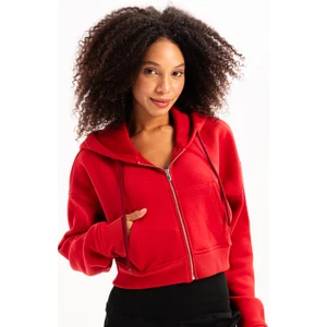 Crop Kapüşonlu Fermuarlı Kanguru Cepli Şardonlu Hoodie Kırmızı Kadın Sweatshirt - Lumen