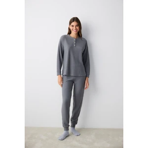 Koyu Gri Waffle Koyu Gri Pantolon Pijama Takımı