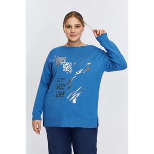 Büyük Beden Kayık Yaka Leopar Desen Baskılı Triko Indigo